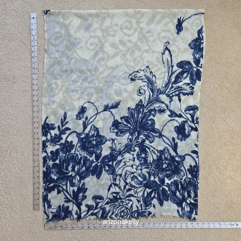 The Cashmere Project Floral Cashmere Scarf Blue Grey Ivory